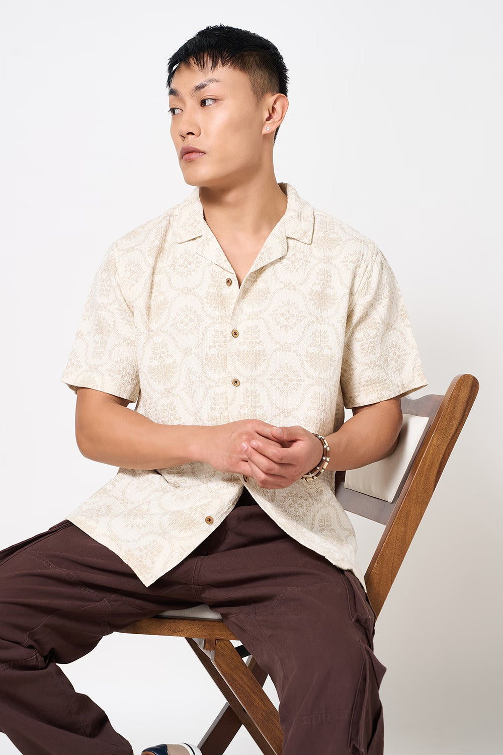 Beige Printed Relaxed Fit Shirt Men