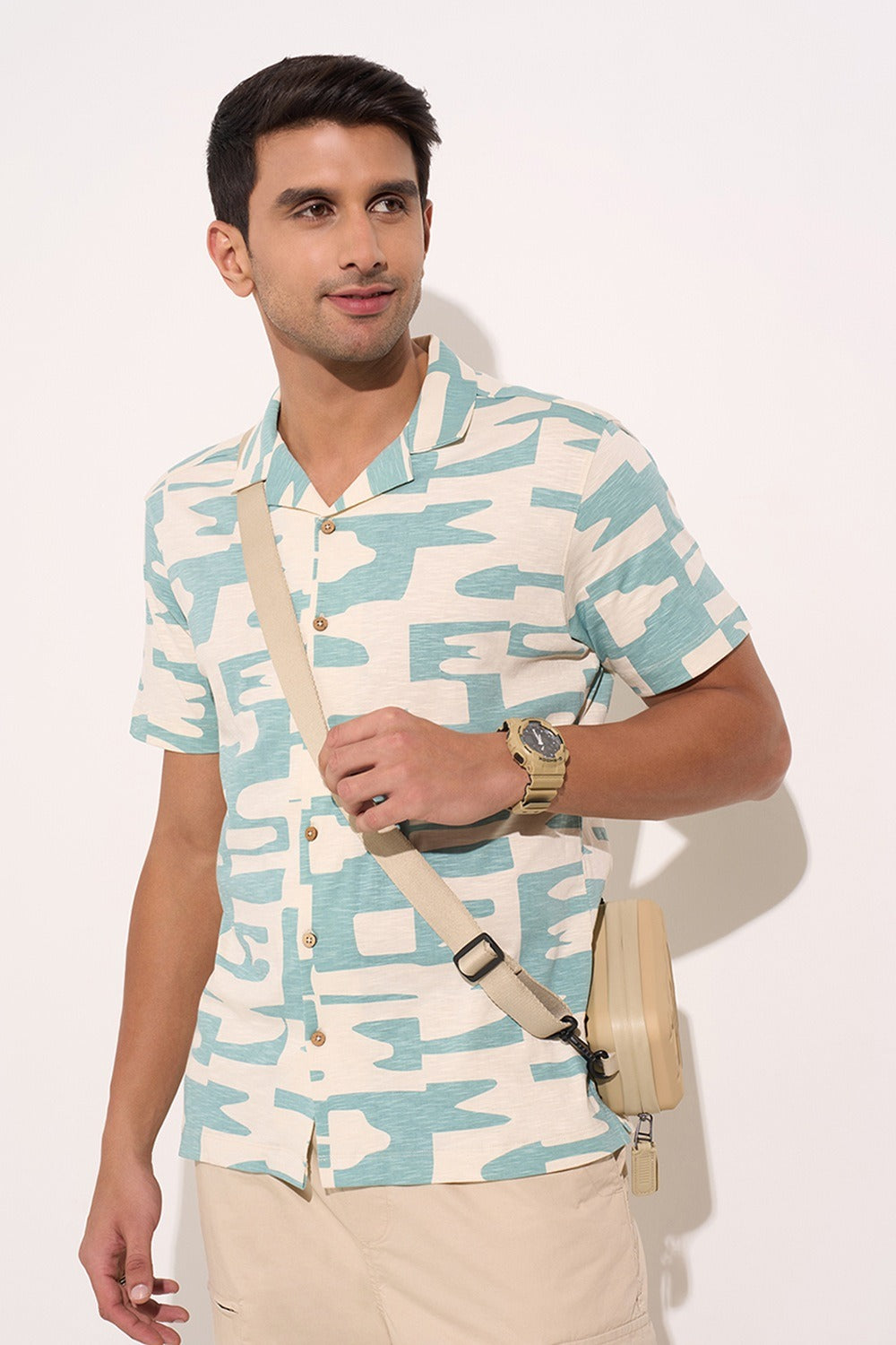 Beige Printed Slim Fit Cotton Shirt Men