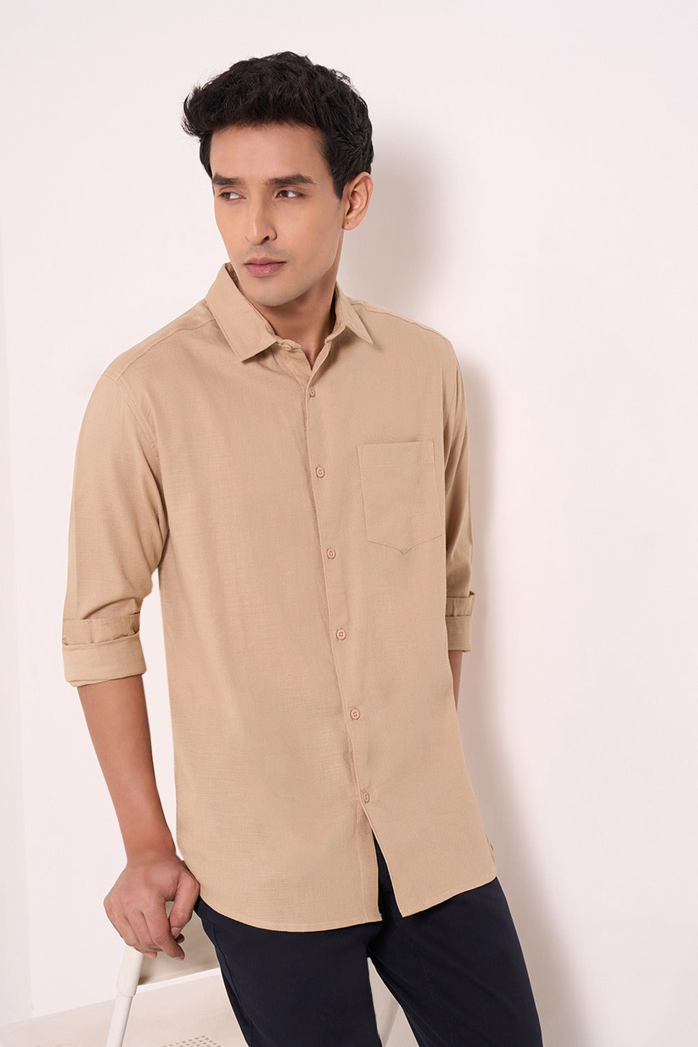Beige Regular Fit Full Sleeve Casual Shirt Men