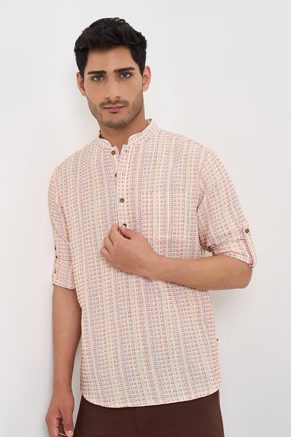 Beige Textured Cotton Kurta for Men