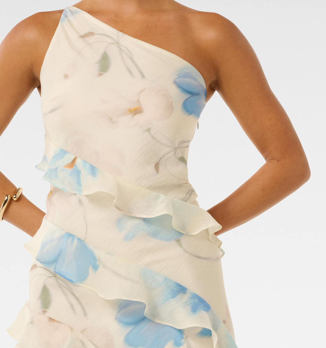 one shoulder floral gown