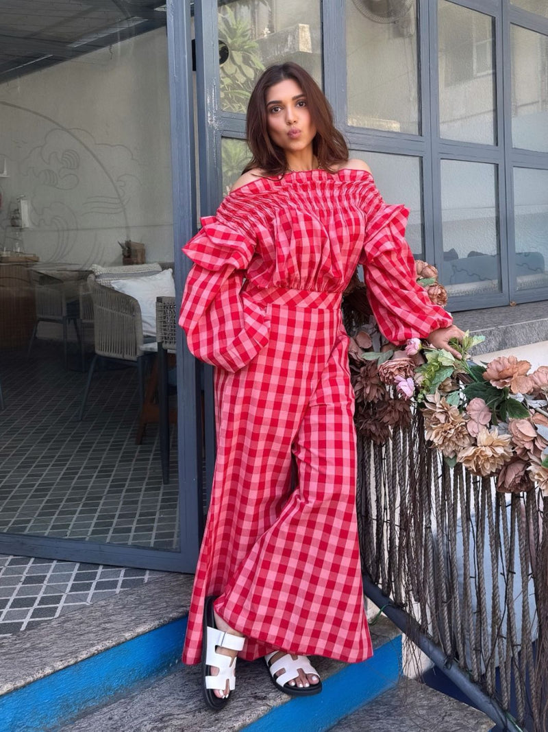 Berry Chess Cotton Jumpsuit for Summer