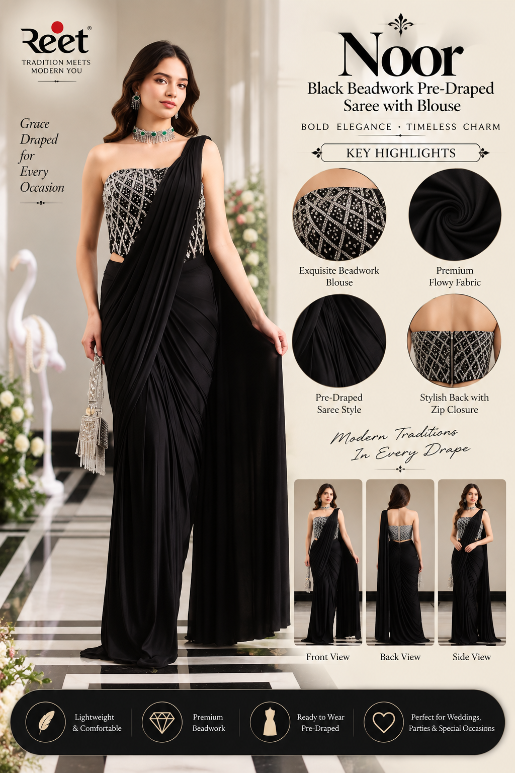 Noor Black Beadwork Pre-Draped Saree with Blouse