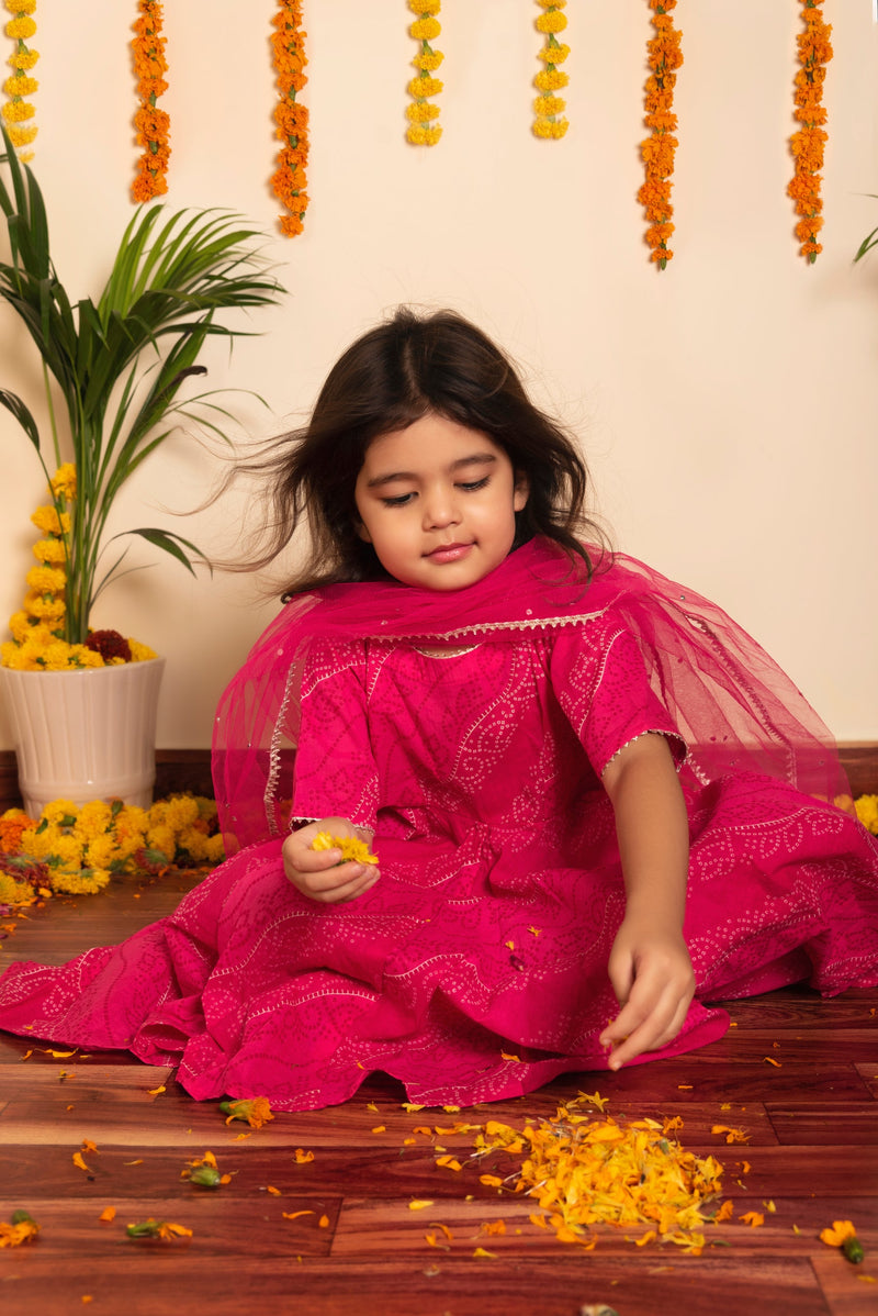 Bhandhej Pink Cotton Anarkaliu Set for Girls Kids