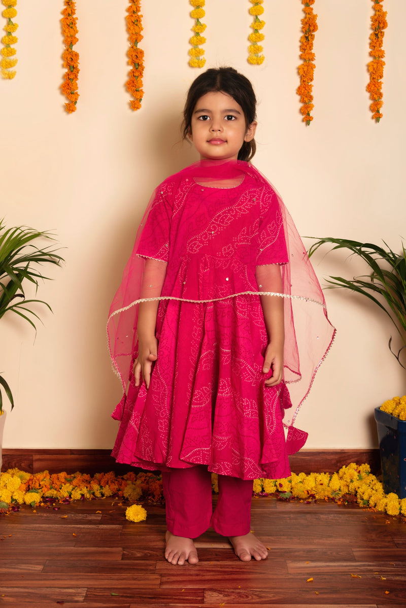 Bhandhej Pink Cotton Anarkaliu Set for Girls Kids