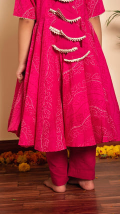 Bhandhej Pink Cotton Anarkaliu Set for Girls Kids