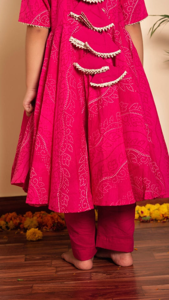 Bhandhej Pink Cotton Anarkaliu Set for Girls Kids
