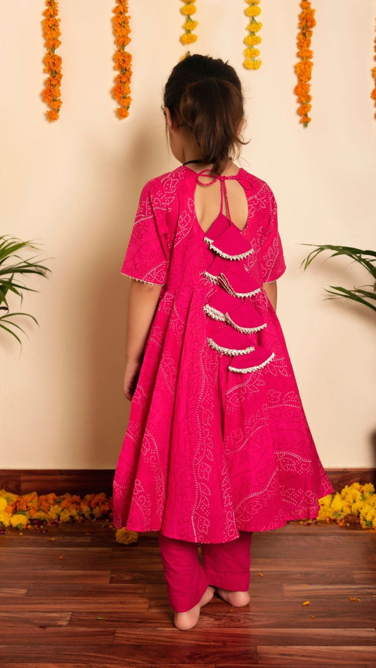 Bhandhej Pink Cotton Anarkaliu Set for Girls Kids