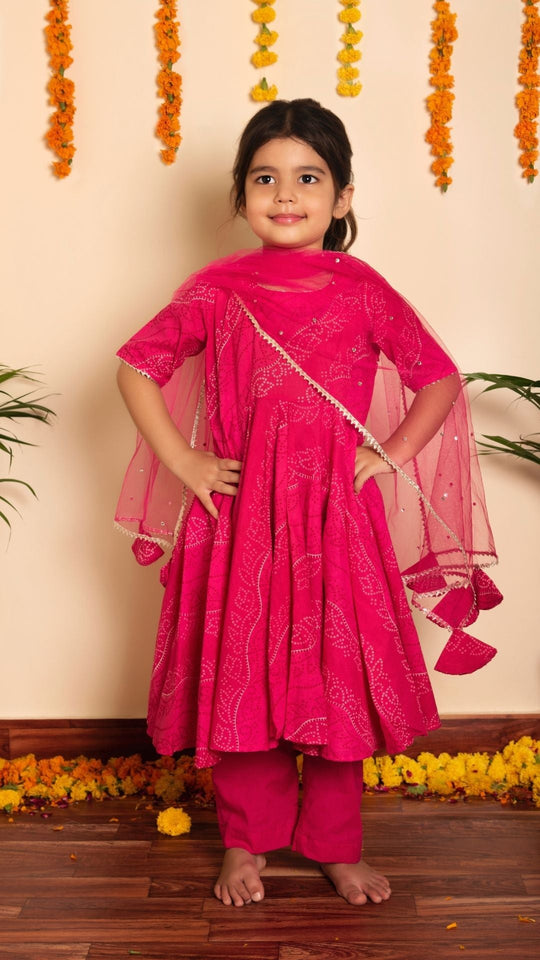 Bhandhej Pink Cotton Anarkaliu Set for Girls Kids