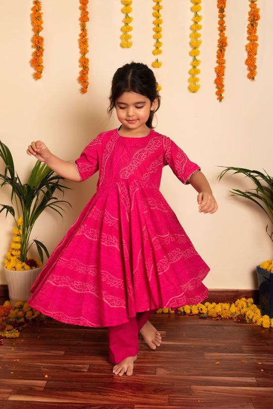 Bhandhej Pink Cotton Anarkaliu Set for Girls Kids