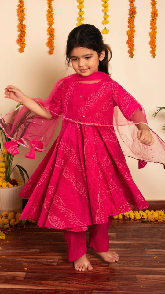 Bhandhej Pink Cotton Anarkaliu Set for Girls Kids
