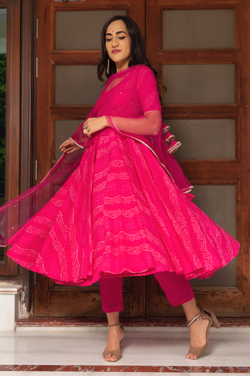 Bhandhej Pink Cotton Hand Block Anarkali Set With Net Dupatta