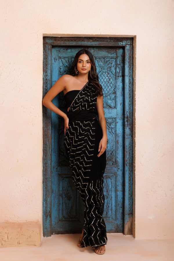 Black Chiffon Hand Embroidered Gota Saree