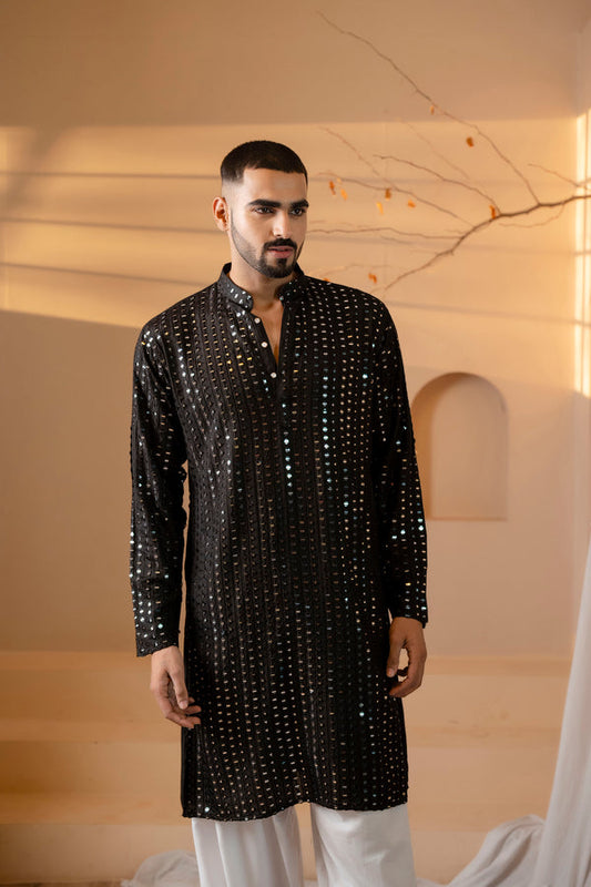 Jet Black Chikan Mirror Work Kurta Men 600