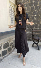 Black 3 Piece Cotton Linen Coord Set with Neckpiece