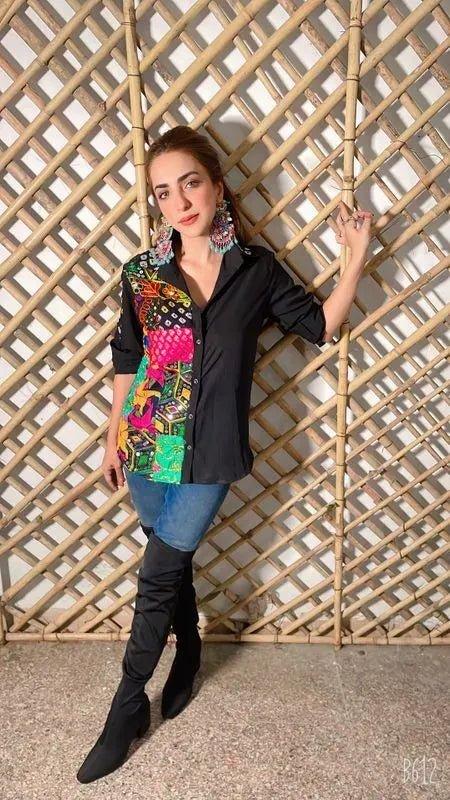 Woman Multicolor Patchwork Fusion Shirt