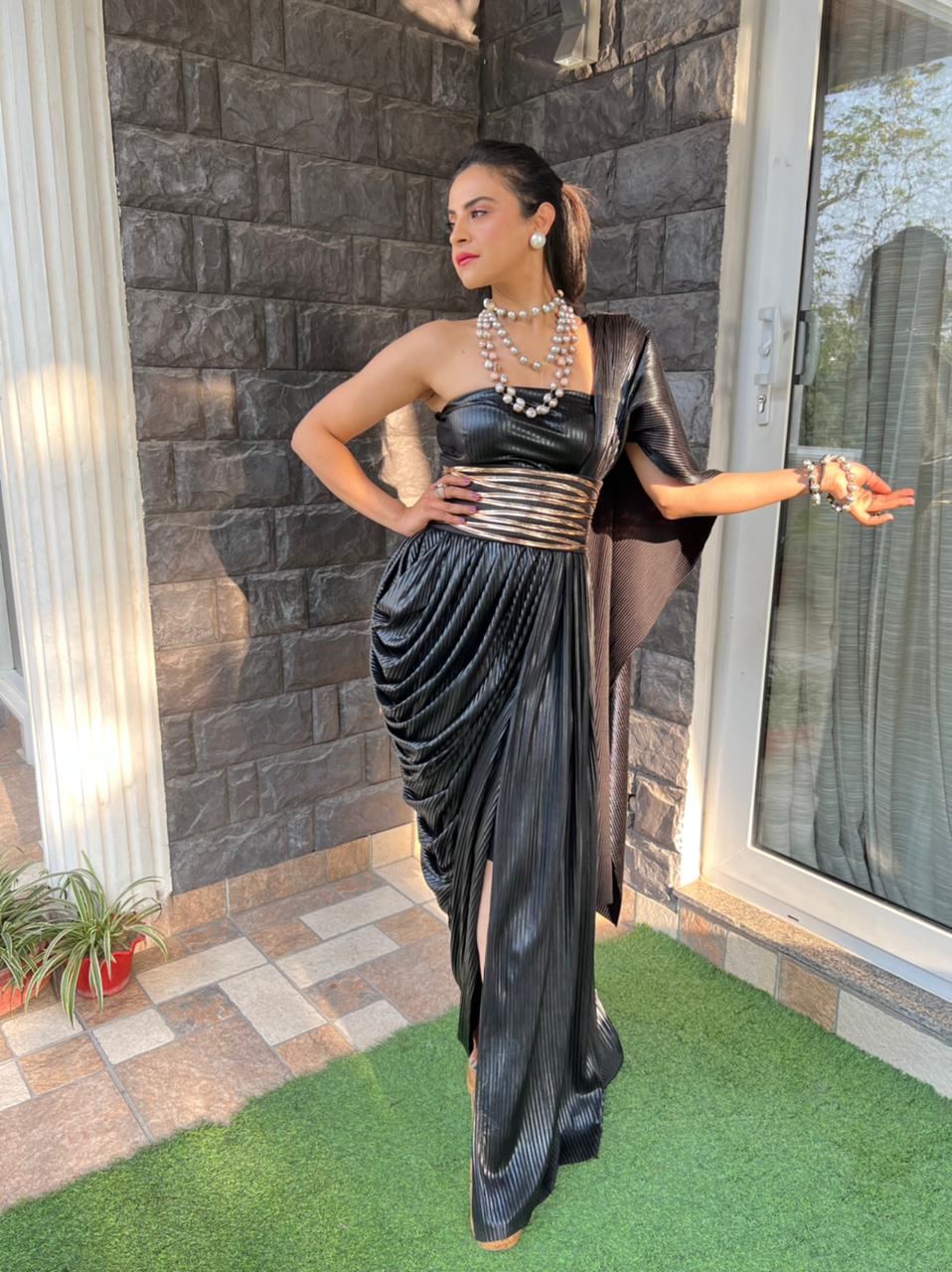 Black Fusion Drape Saree Set