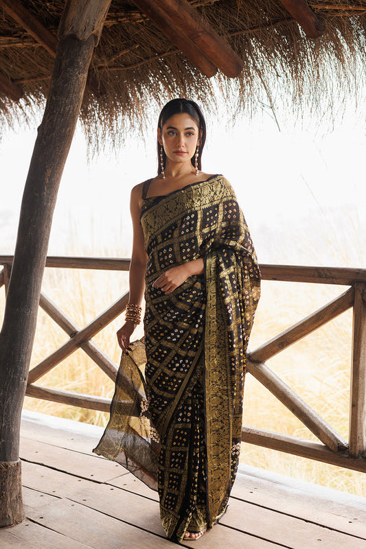 Black Hand Bandhani Stitched Saree 600