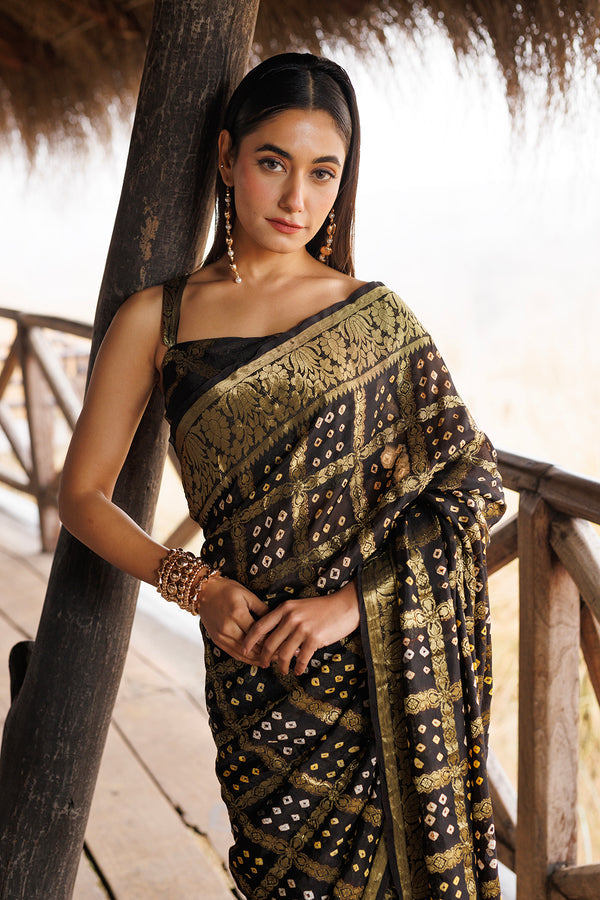 Black Hand Bandhani Stitched Saree