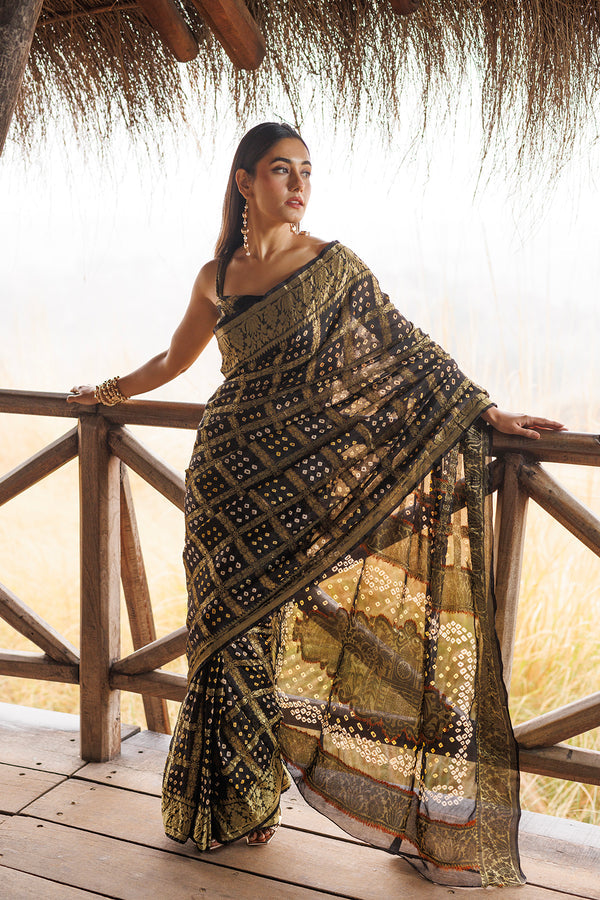 Black Hand Bandhani Stitched Saree