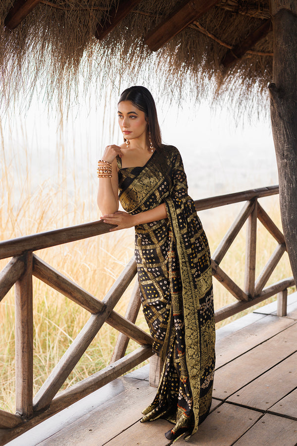 Black Hand Bandhani Stitched Saree