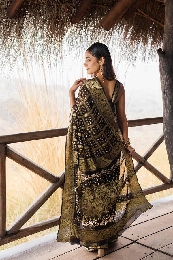 Black Hand Bandhani Stitched Saree