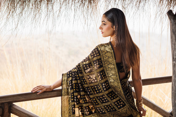 Black Hand Bandhani Stitched Saree