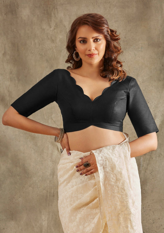 Black Linen Cotton V Neck Readymade Blouse 1199