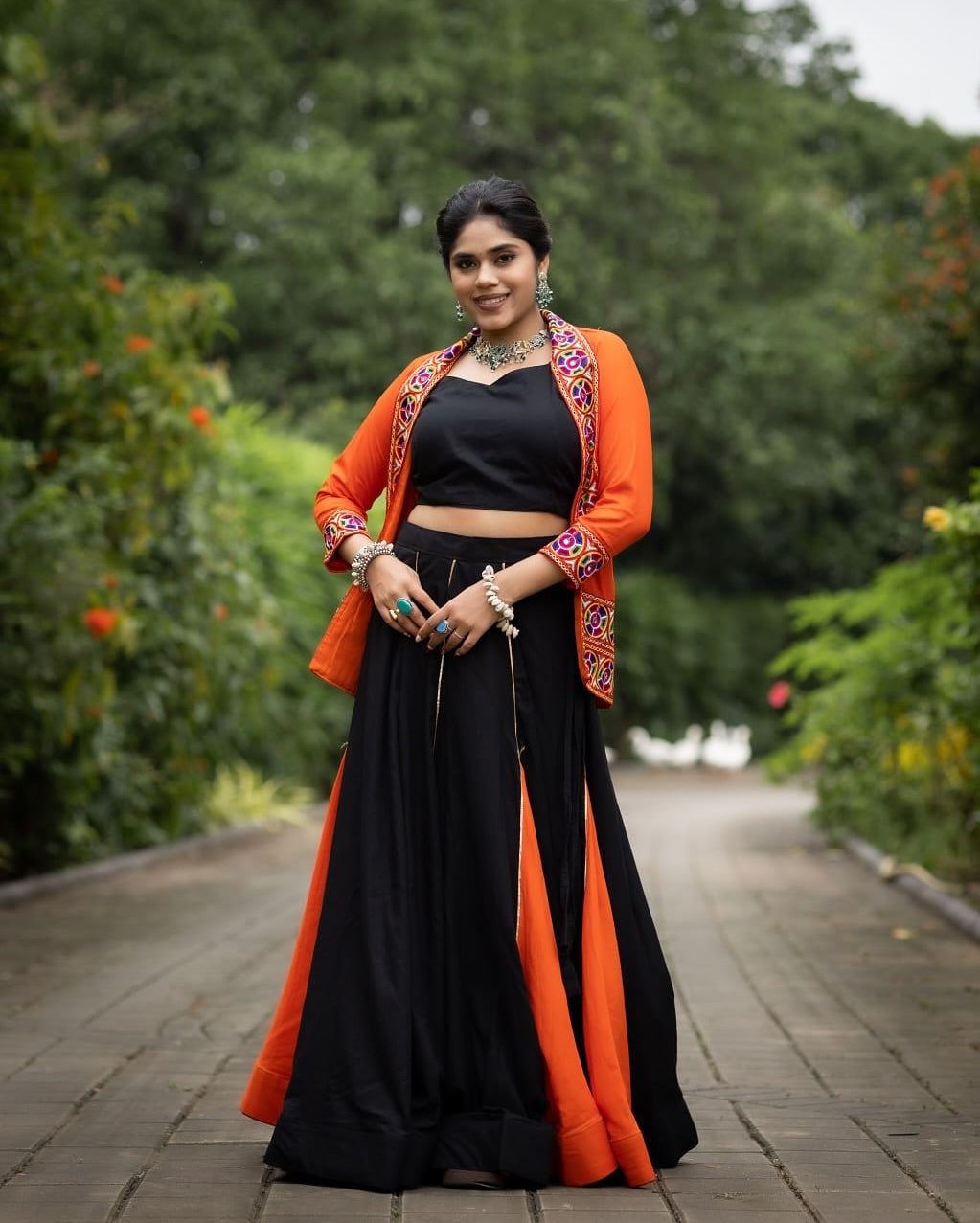 Women’s Black Orange Navratri Lehenga Set