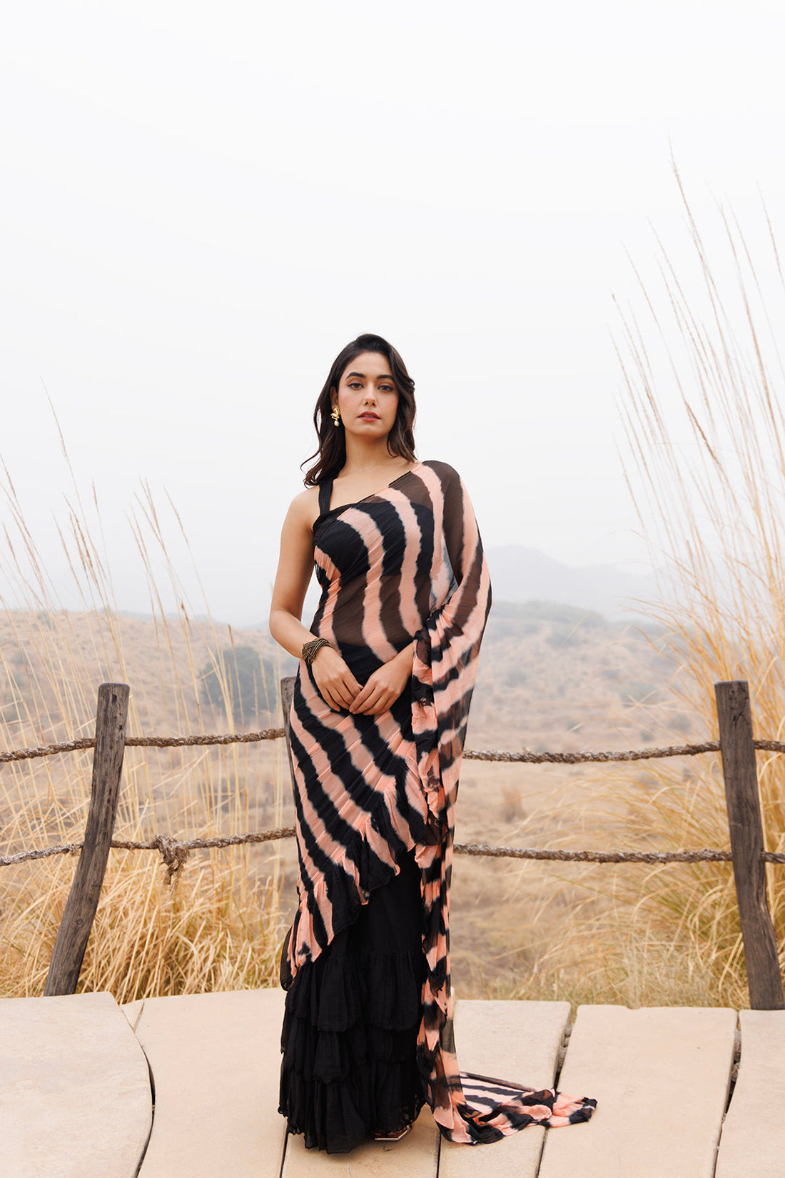 Black & Peach Ruffle Chiffon Saree