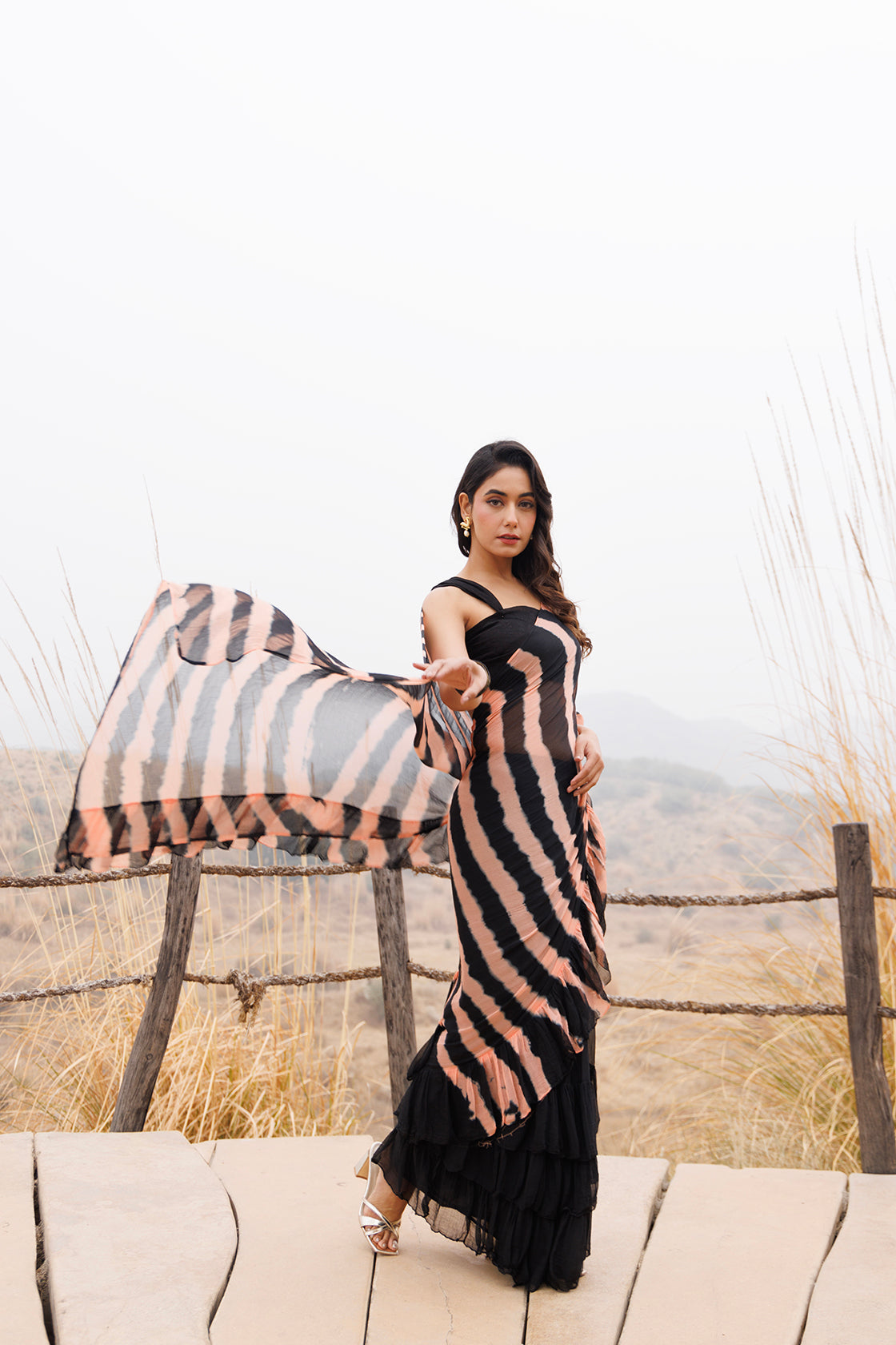 Black & Peach Ruffle Chiffon Saree  Stitched Leheriya Chiffon Saree