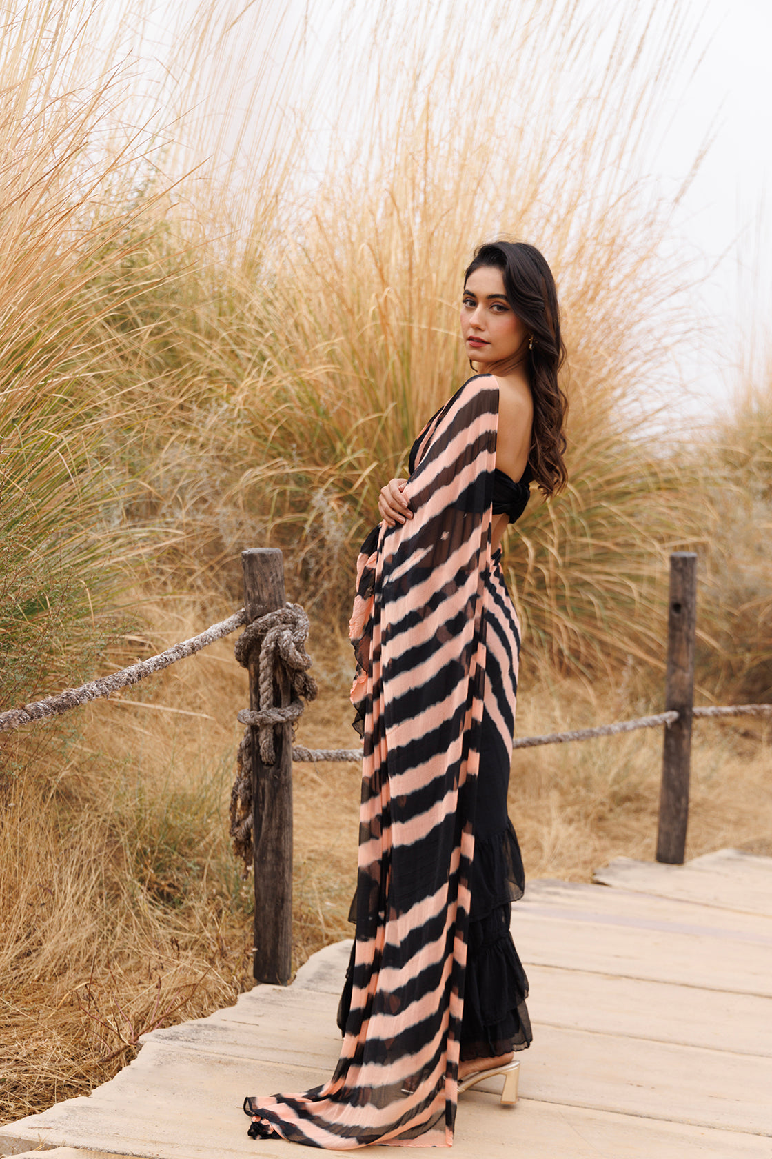 Black & Peach Ruffle Chiffon Saree  Stitched Leheriya Chiffon Saree