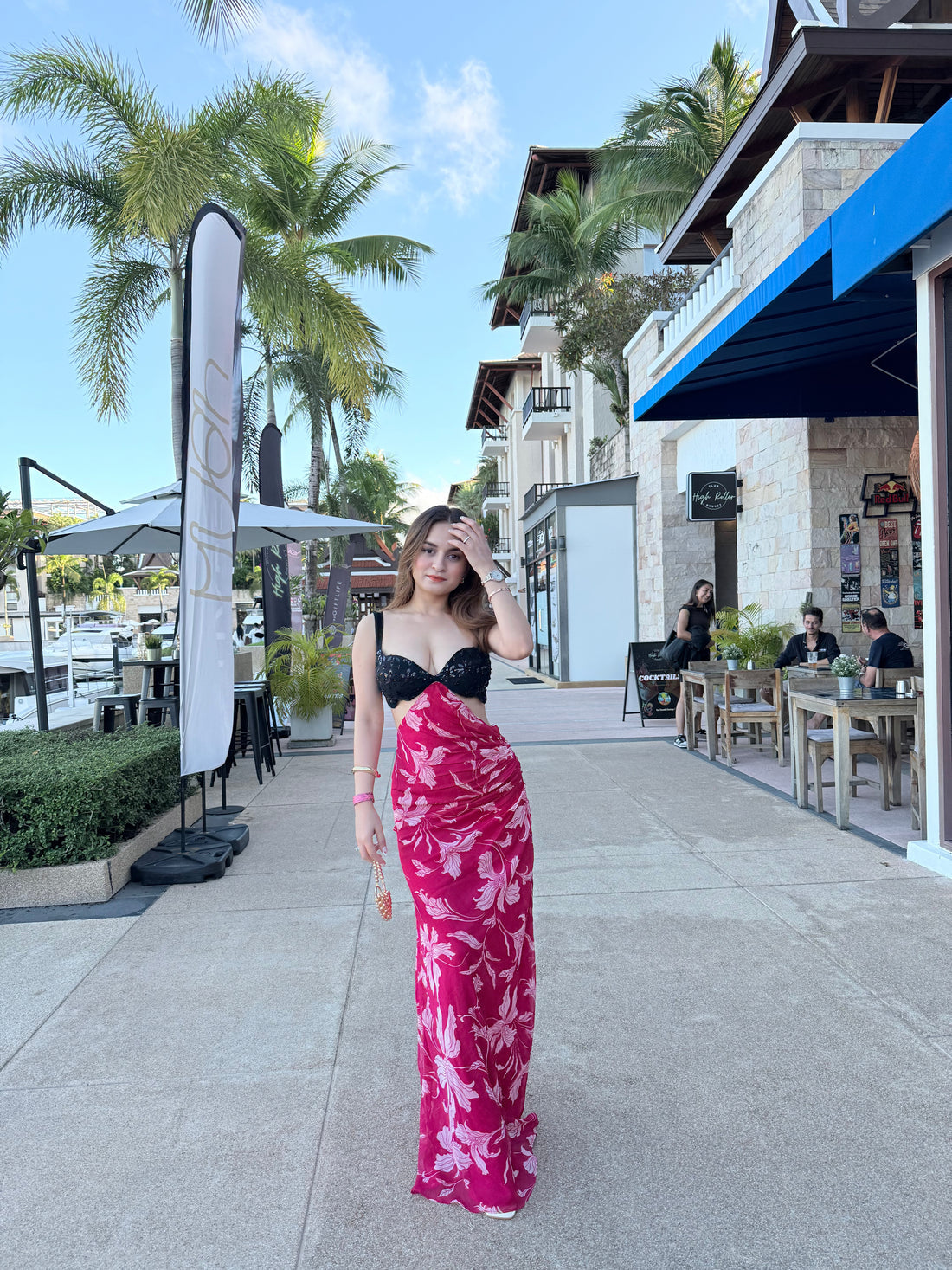 pink draped skirt gown