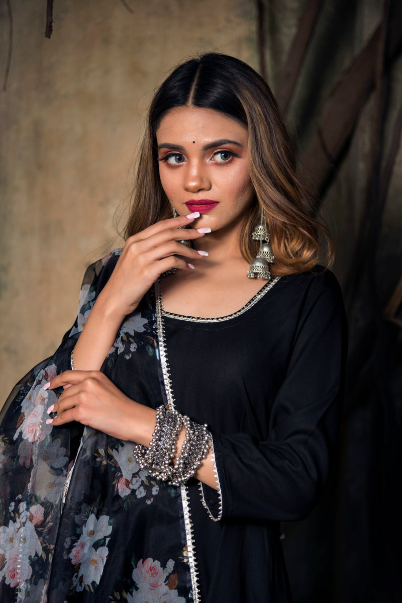 black rayon anarkali suit set with dupatta
