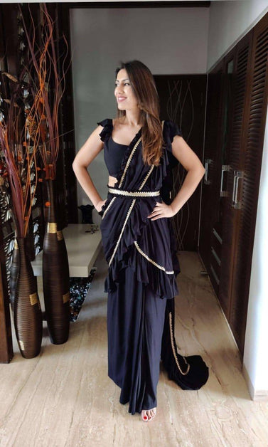 ruffle sari with stitched pallu