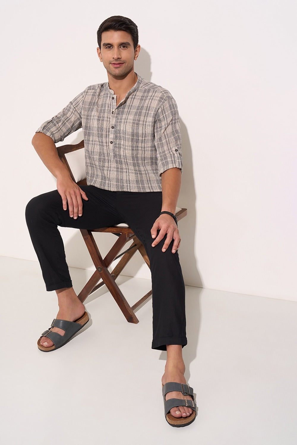 Black Textured Cotton Kurta Shirt