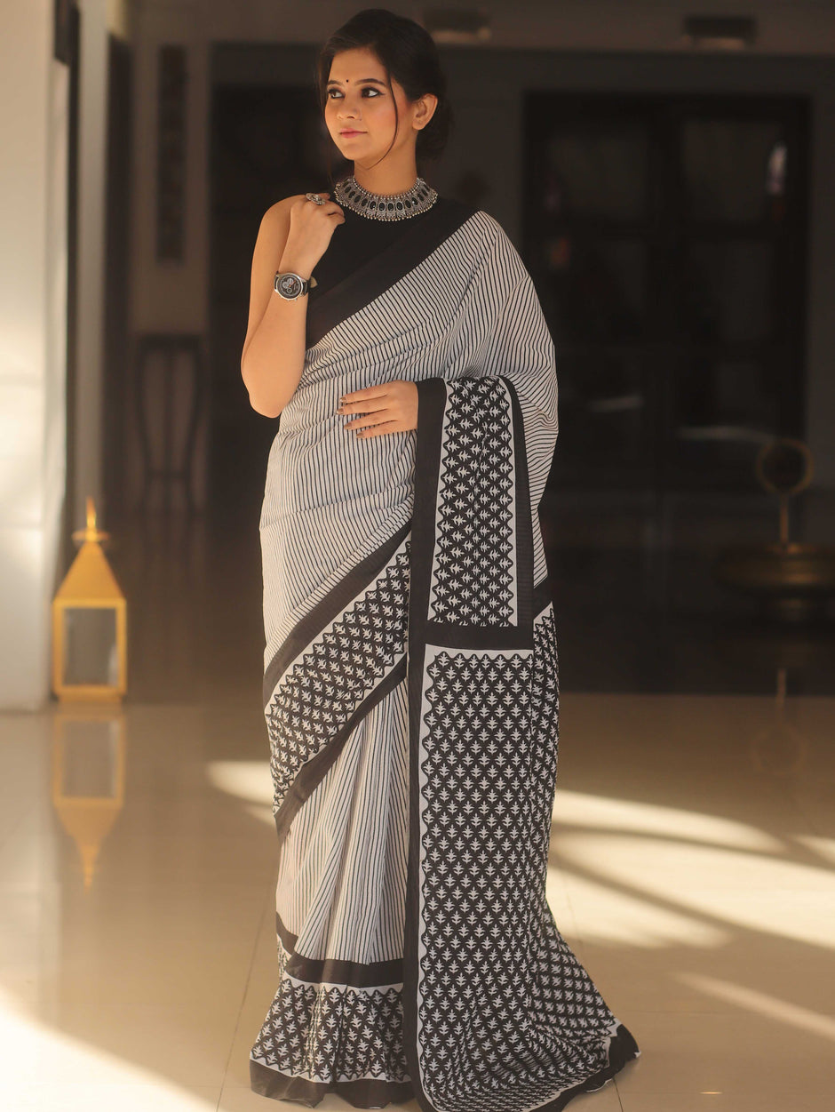Block print cotton saree
