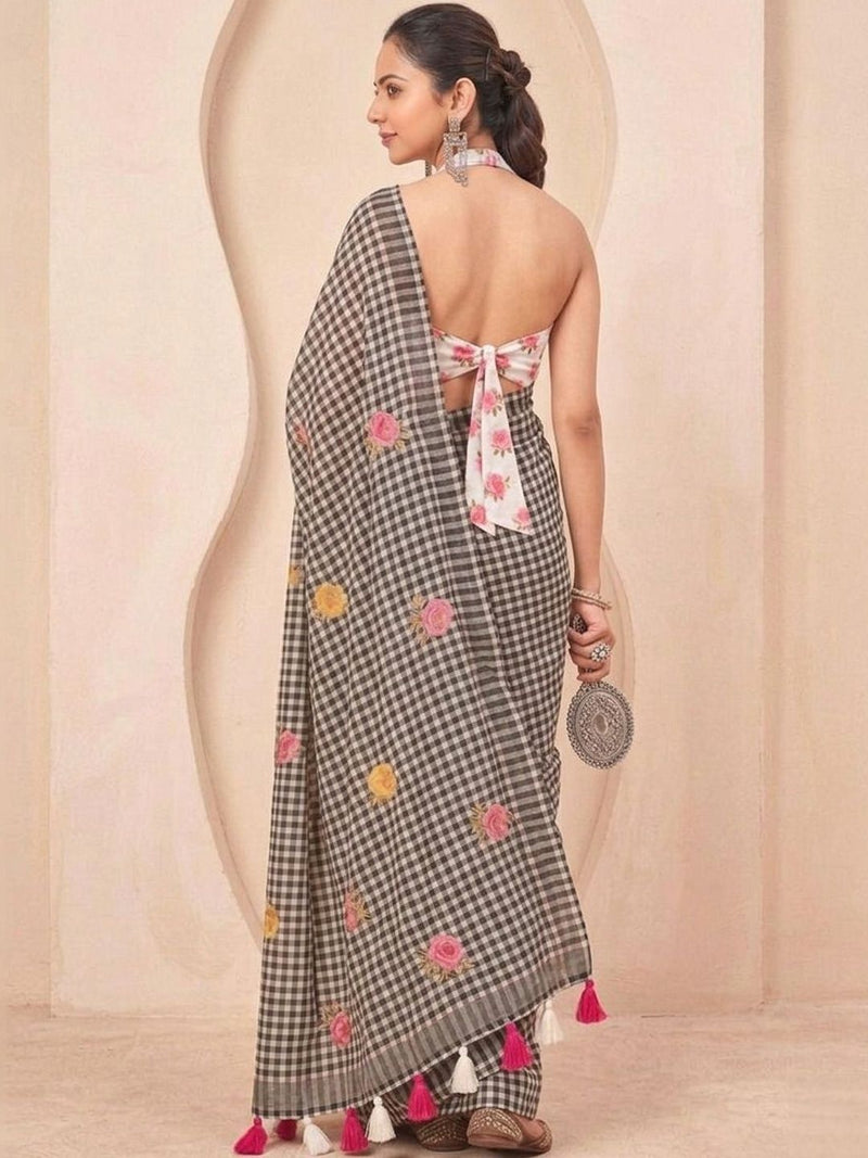 Silk  Floral Checked Woven Design Border Saree