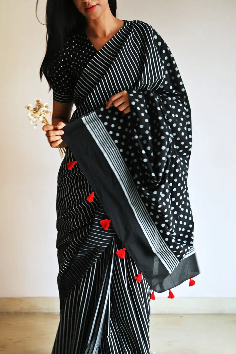 Crimson Dot & Stripe Cotton Saree
