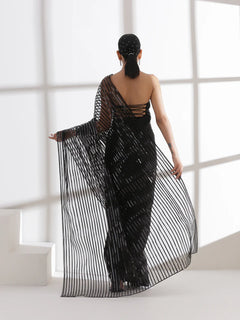 Midnight Black Sheer Striped Designer Saree with Stitched Blouse