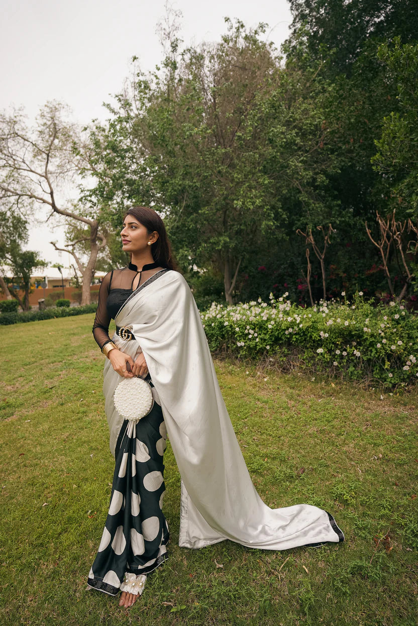 Ivory Noir Polka Statement Satin Saree with Blouse