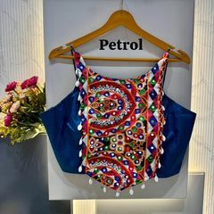 Petrol Blue Kutchi Mirror Work Designer Blouse