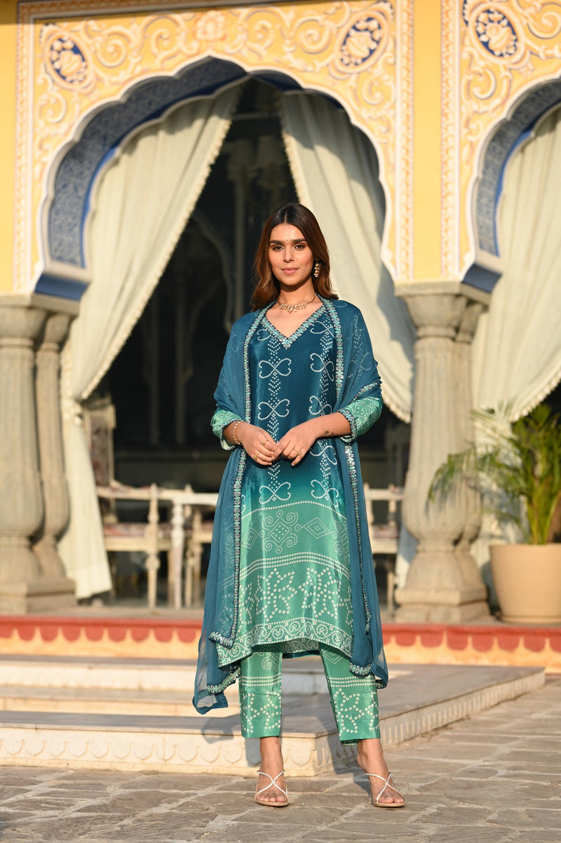 Blue and Green Ombré Pure Crepe Bandhani Suit Set
