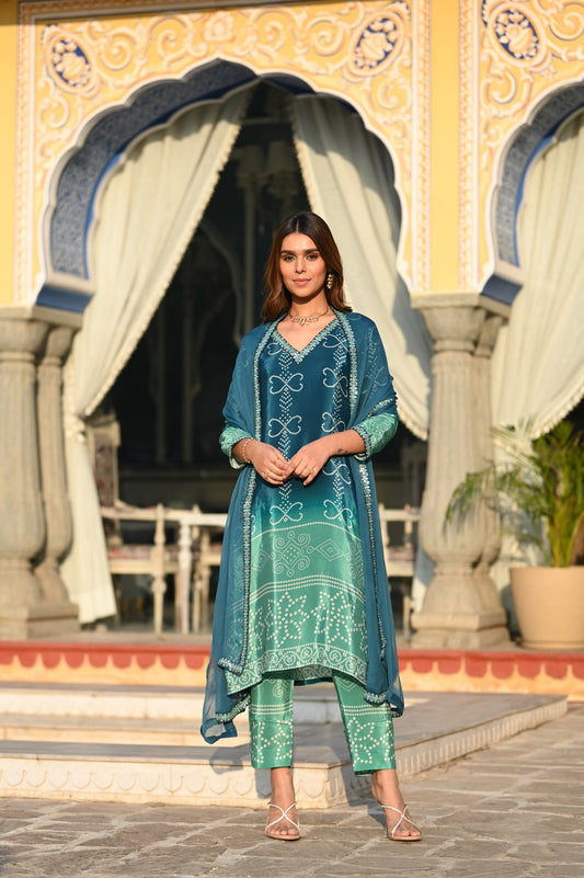 Blue and Green Ombré Pure Crepe Bandhani Suit Set 1198