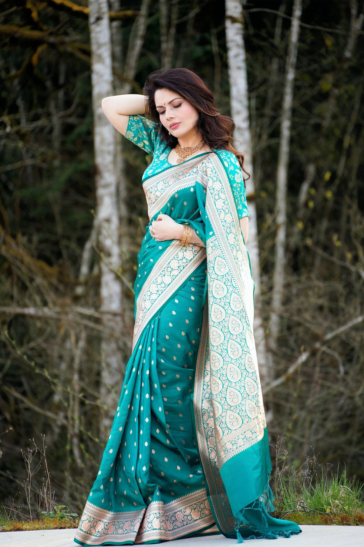 Green Banarasi Satin Saree with heavy Jari