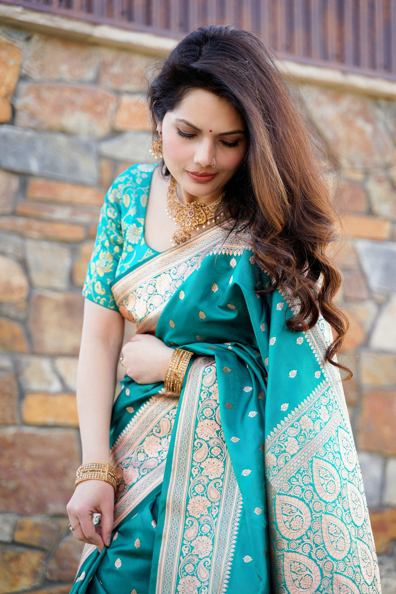 Green Banarasi Satin Saree with heavy Jari