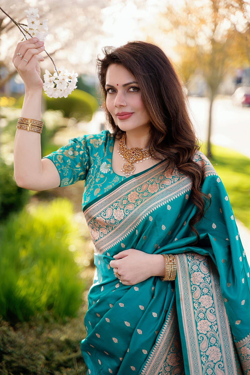 Green Banarasi Satin Saree with heavy Jari