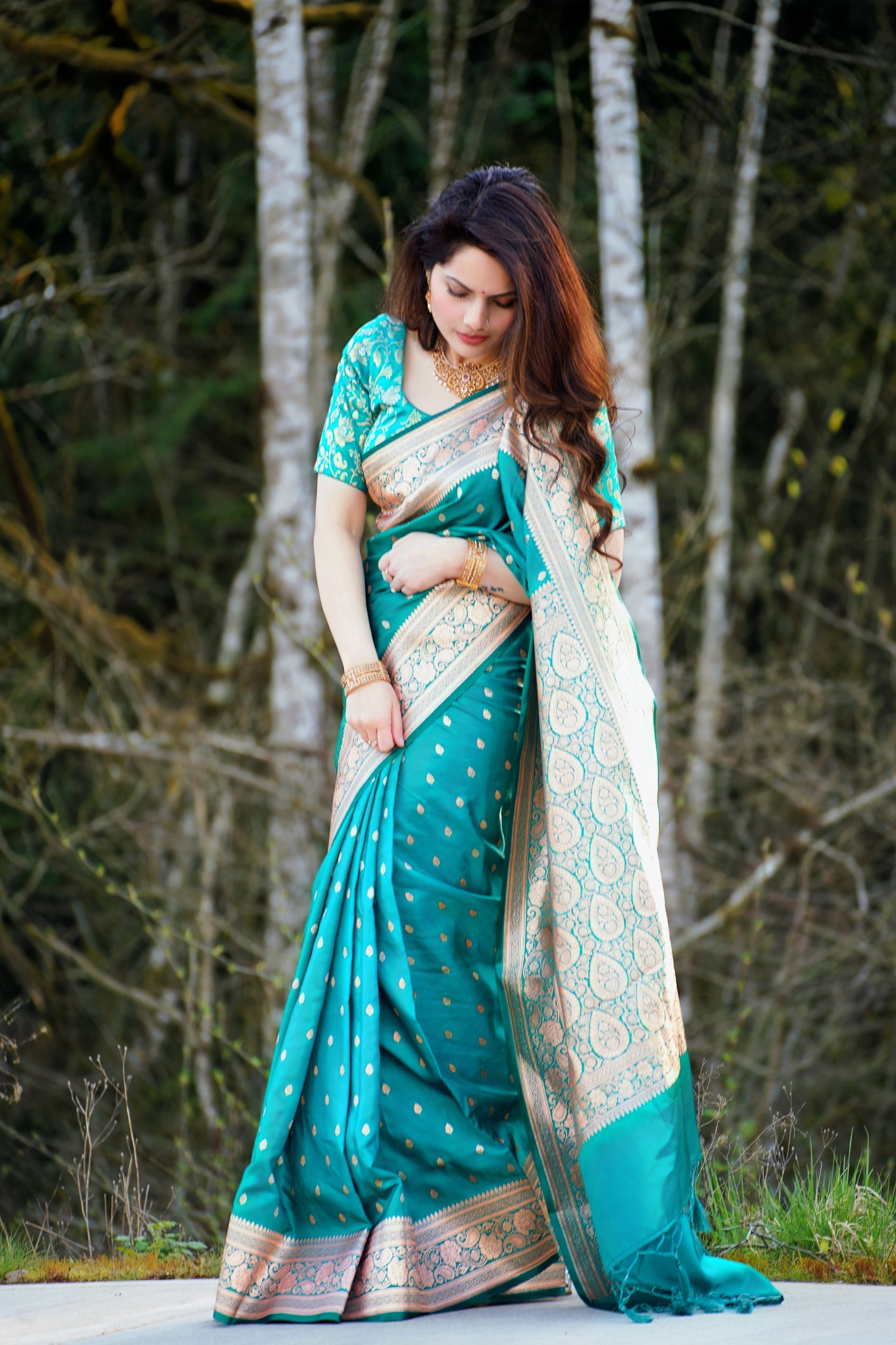 Green Banarasi Satin Saree with heavy Jari