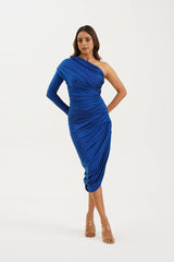 blue one shoulder dress