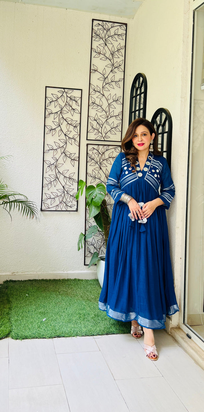 Blue linen midi dress